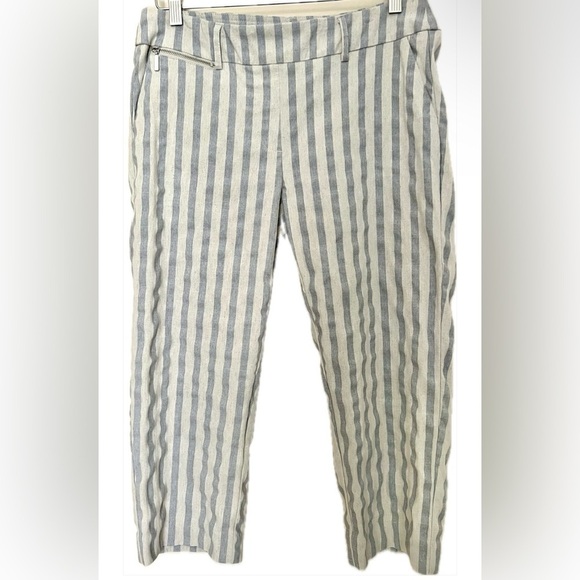SHARAGANO Women’s Linen Blend Crop Blue Cream Stretchy‎ Stripe Pants Size 6 - Picture 1 of 13